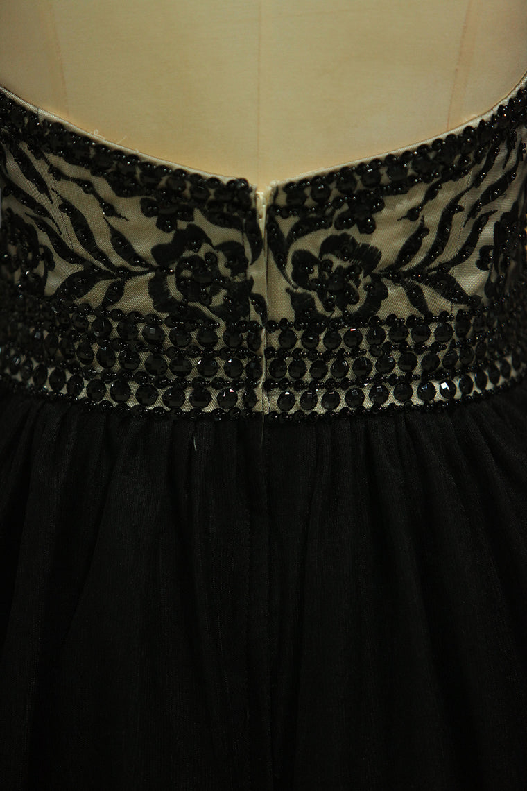 2022 Plus Size Black A Line Prom Dresses Sweetheart Tulle With Applique & Beads Floor Length