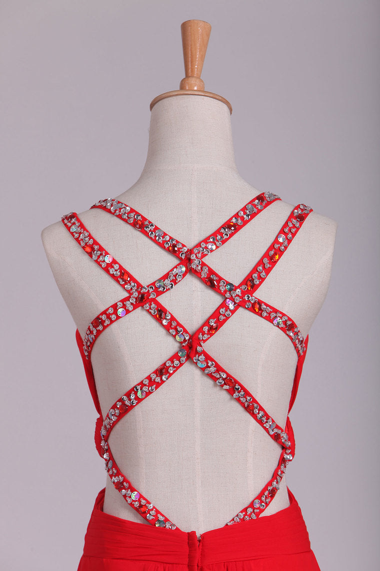 2022 Red A Line Prom Dresses Spaghetti Straps Open Back With Ruffles And Beads Chiffon
