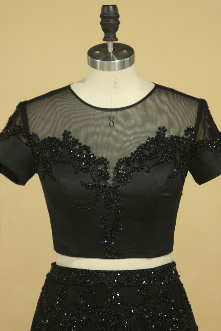 2022 Black Two Pieces Scoop Short Sleeves Mermaid Prom Dresses With Beading Tulle