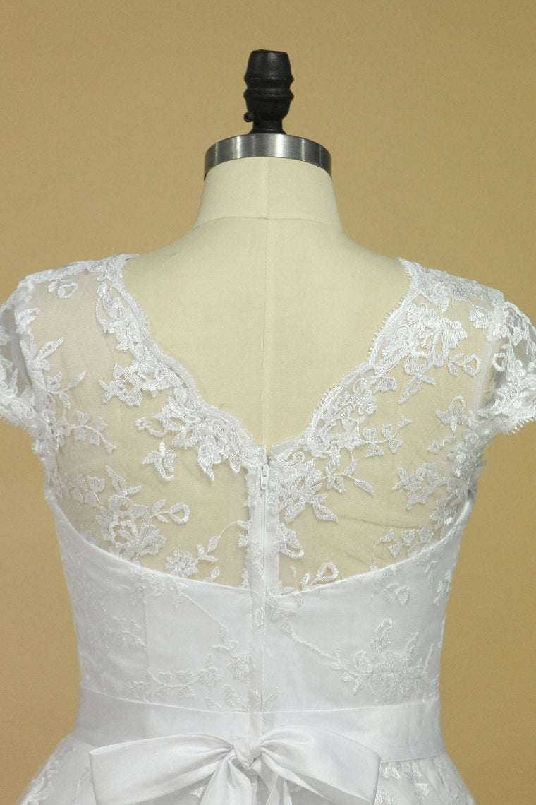 2022 Plus Size Scoop Short Sleeve Knee-Length A Line Lace With Sash Wedding Dresses