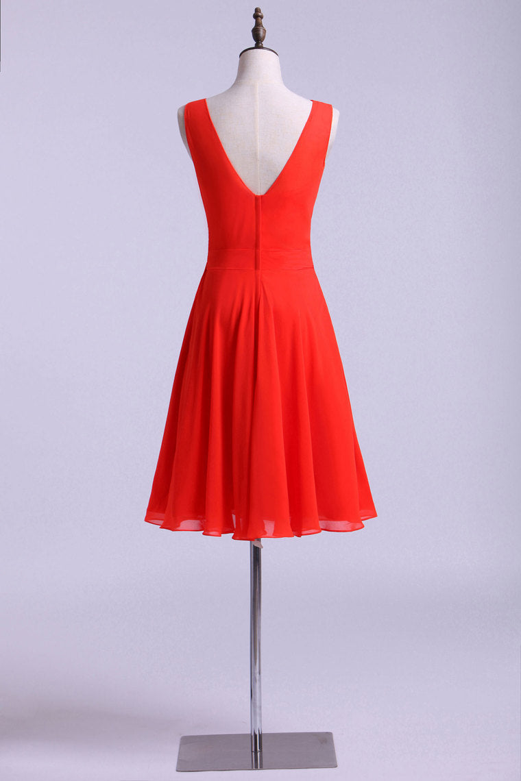 2022 V Neck A Line Prom Dress With Sash Pick Up Chiffon Skirt Knee Length