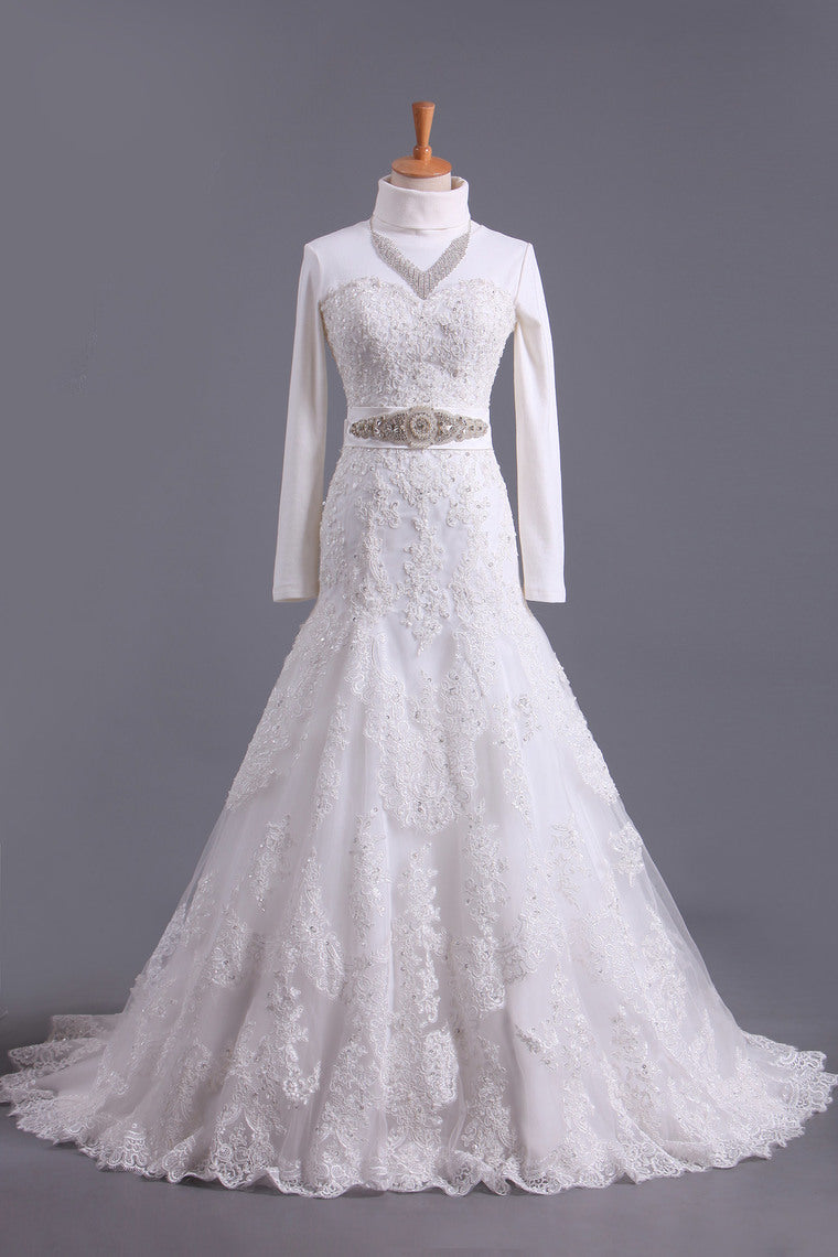 2022 Muslim Wedding Dresses Mermaid High Neck Tulle With Applique Court Train