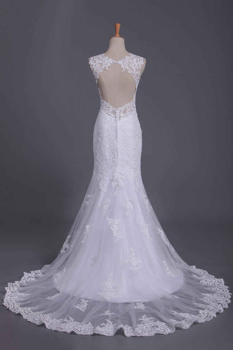 2022 Straps Wedding Dresses Mermaid/Trumpet With Applique Tulle Court Train Open Back