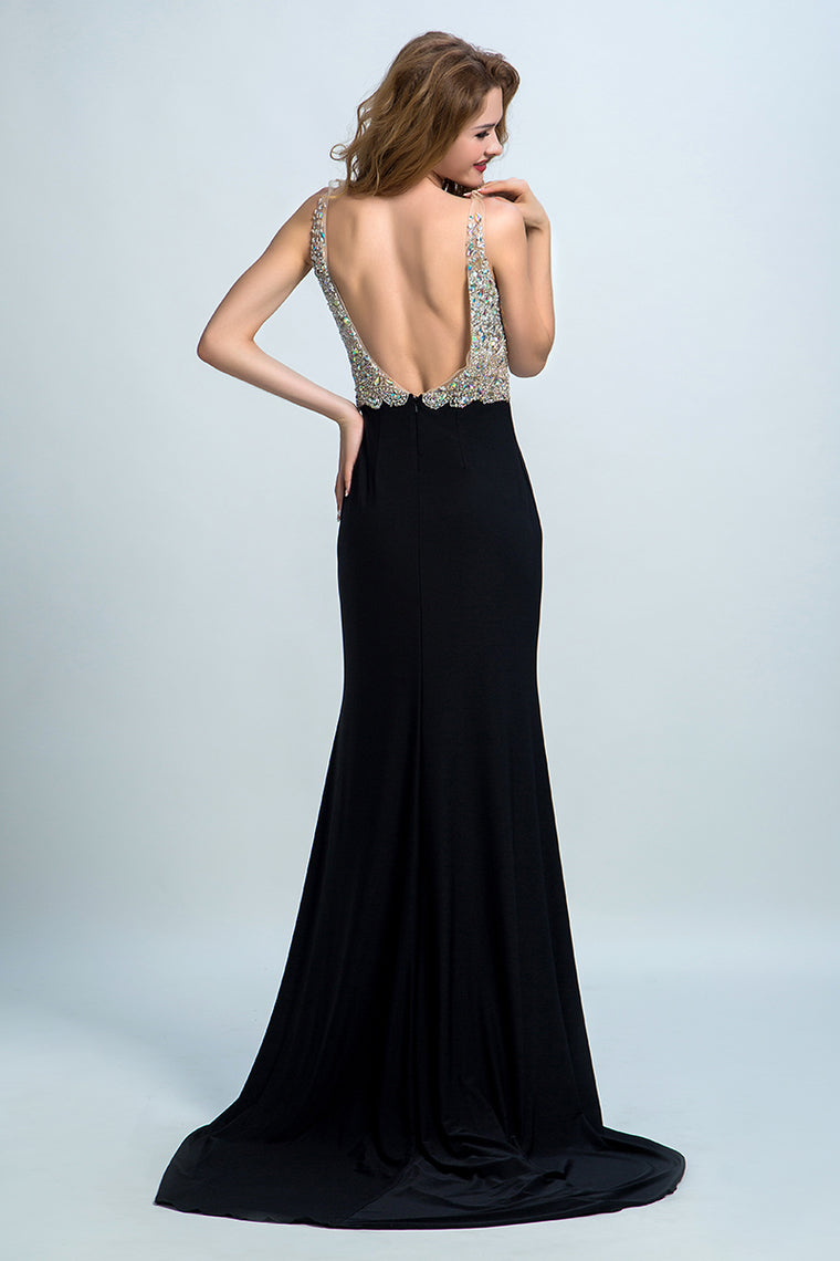 2022 Prom Dresses Full Beaded Bodice Backless Chiffon Sweep Train Black