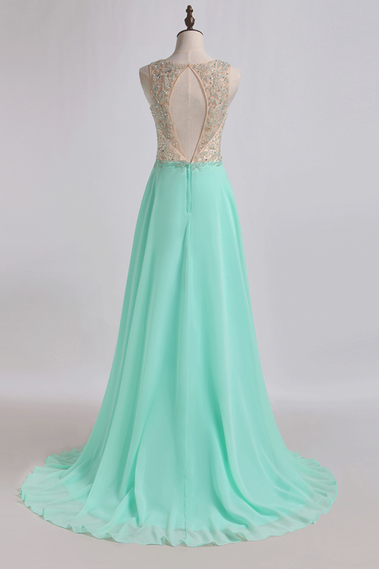 2022 Prom Dresses A Line Scoop Sweep Train Chiffon