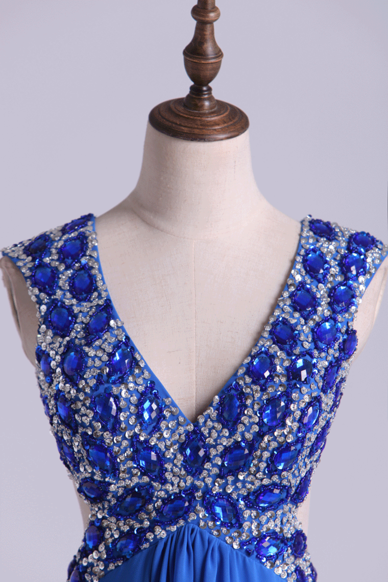 2022 V-Neck Prom Dresses A Line Chiffon With Beading