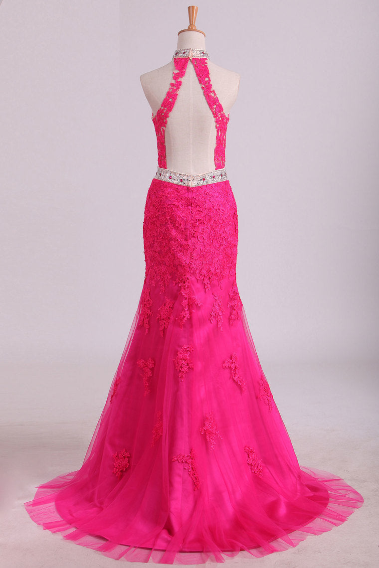 2022 High Neck Open Back Sheath Prom Dresses Tulle With Applique And Rhinestones