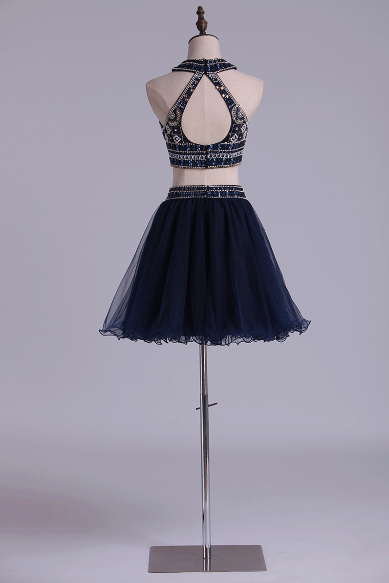 2022 Two Pieces Homecoming Dresses Halter A-Line Beaded Bodice Tulle