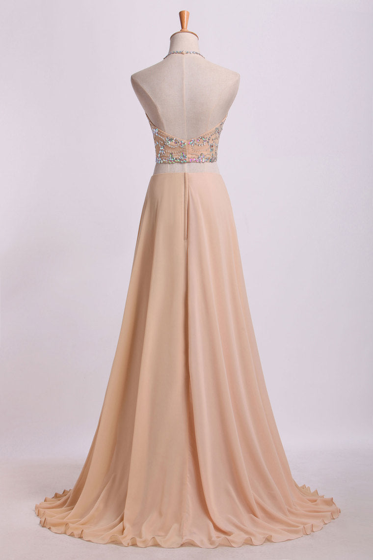 2022 Sexy Prom Dresses Halter Two Pieces A Line With Flowing Chiffon Skirt Beaded