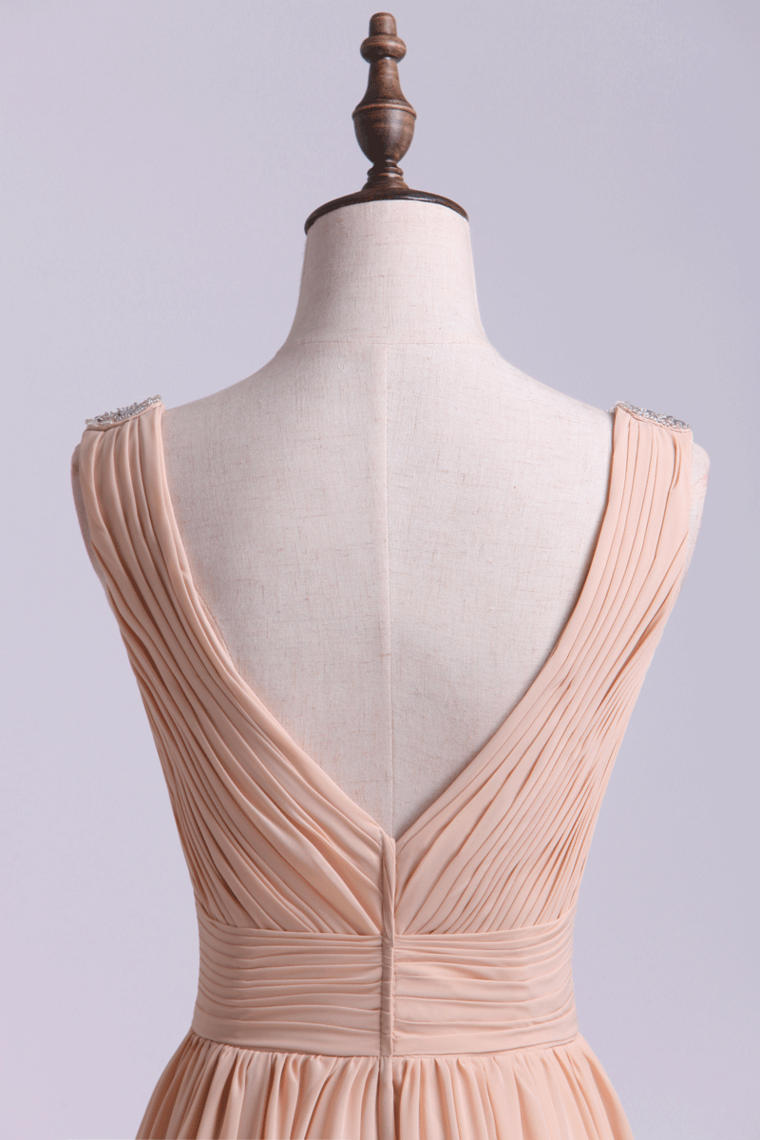 2022 Bridesmaid Dress V Neck A Line Floor Length Chiffon With Beads