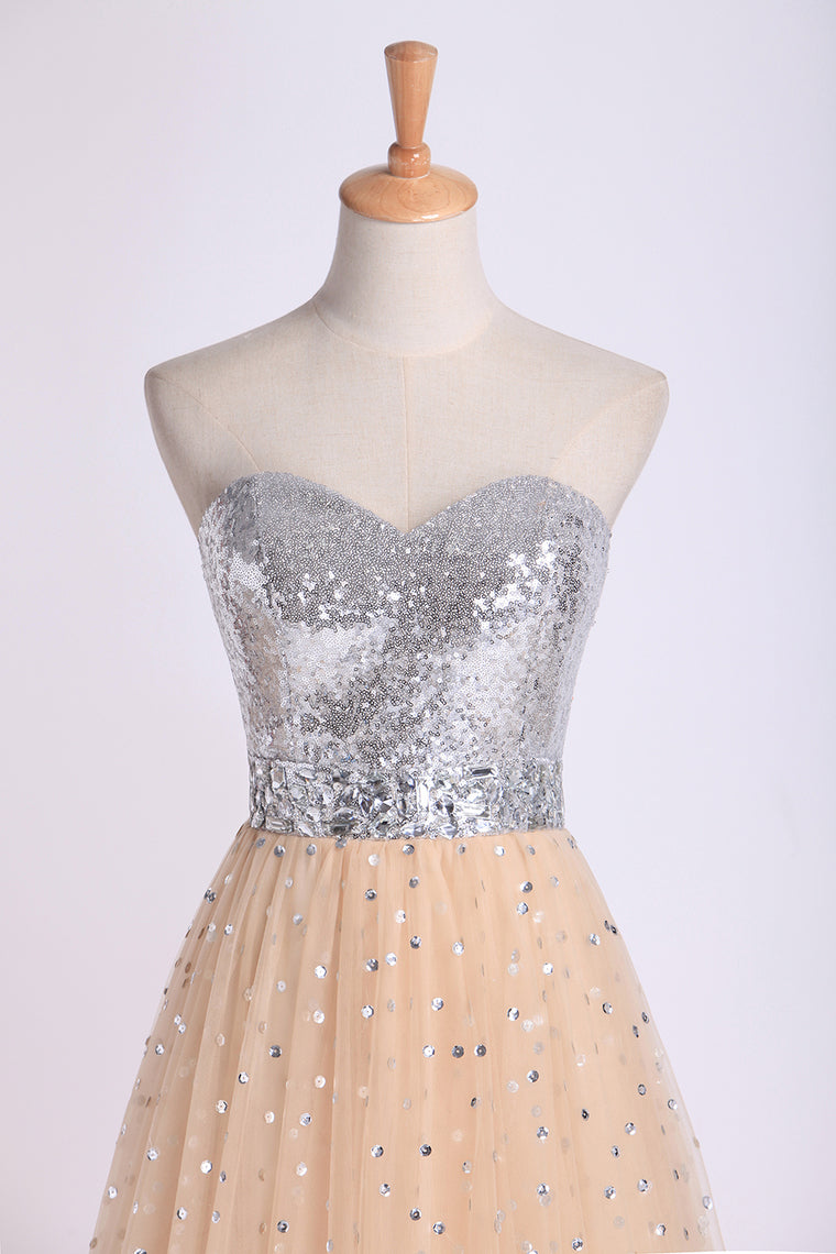 2022 Sweetheart A Line Sweep Train Prom Dresses Tulle With Beads