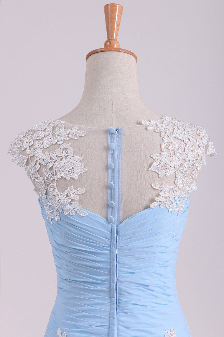 2022 Prom Dress Bateau Neckline Pleated Bodice Pick Up Chiffon Skirt With Applique
