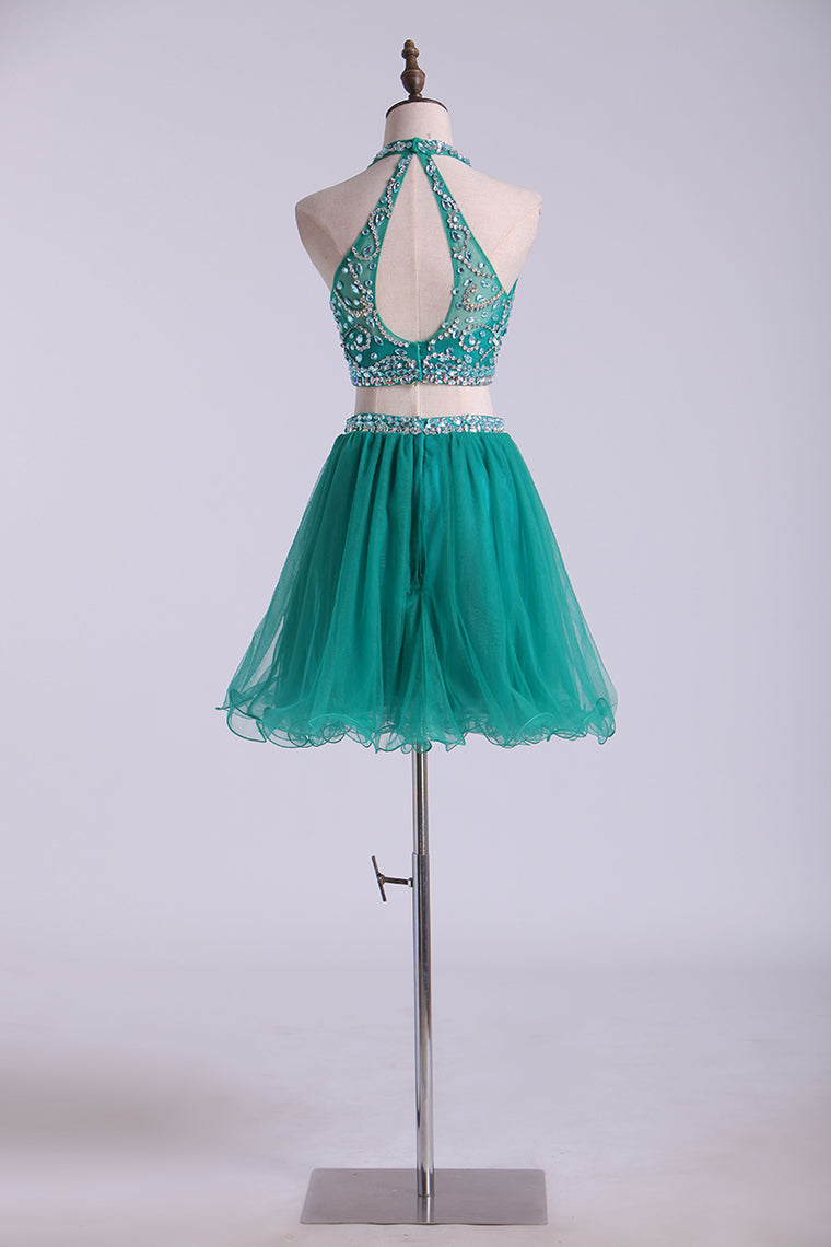 2022 Halter Homecoming Dresses Two-Piece Short Beaded Bodice Tulle