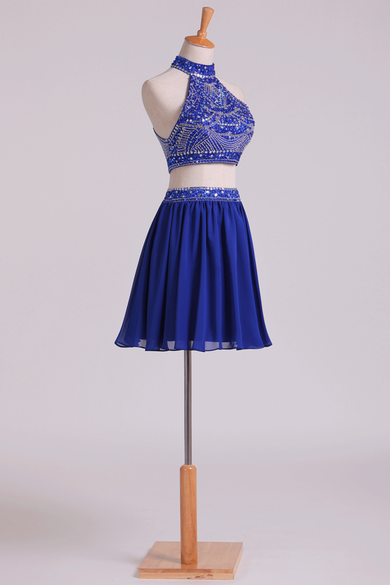 2022 Two Pieces High Neck A Line Prom Dresses Chiffon With Beading Mini Dark Royal Blue