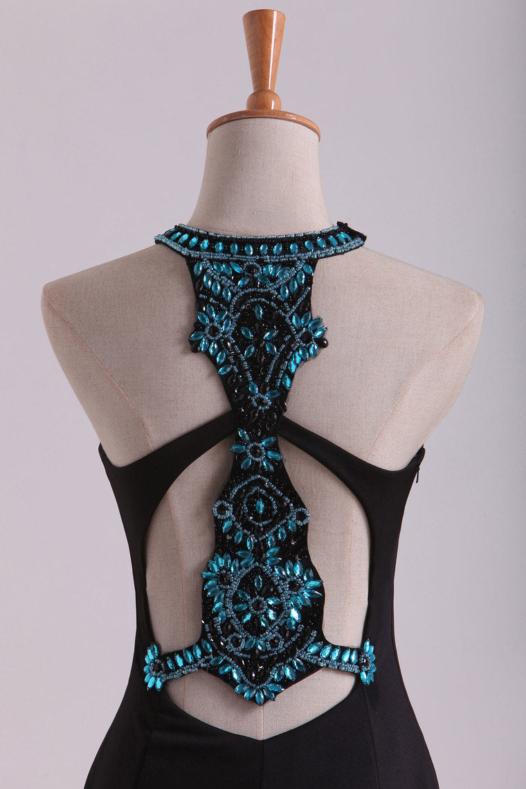 2022 Black Scoop Column Prom Dresses Chiffon With Rhinestones & Beads Sweep Train
