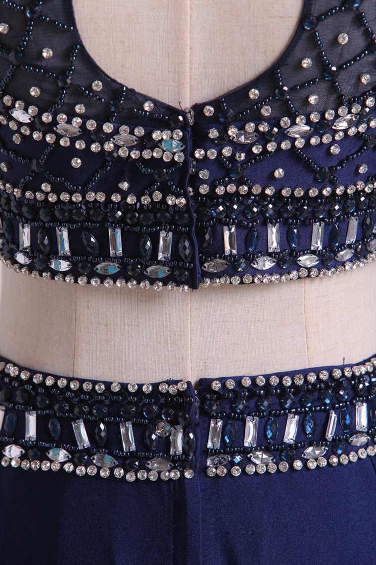 2022 Dark Royal Blue Halter Two-Piece Beaded Bodice Mermaid Open Back Prom Dresses Spandex & Tulle Floor Length