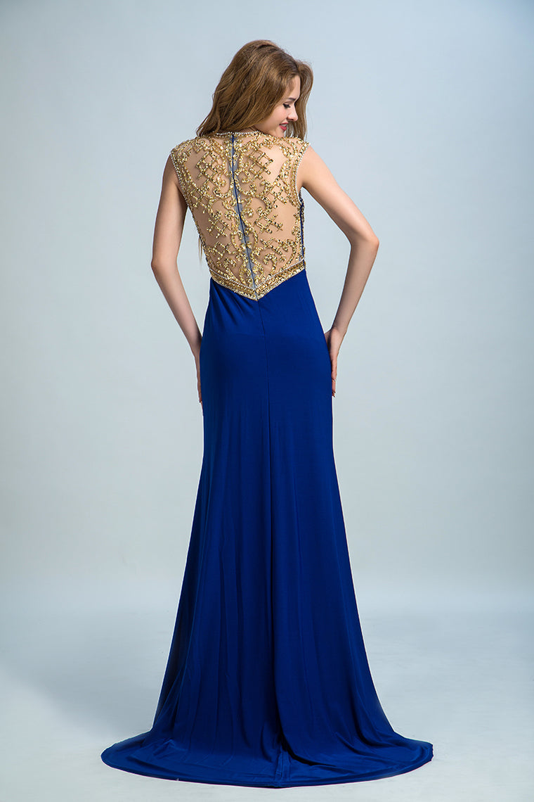 2022 Scoop Neckline Column Beaded Bodice Prom Dresses With Court Train & Slit
