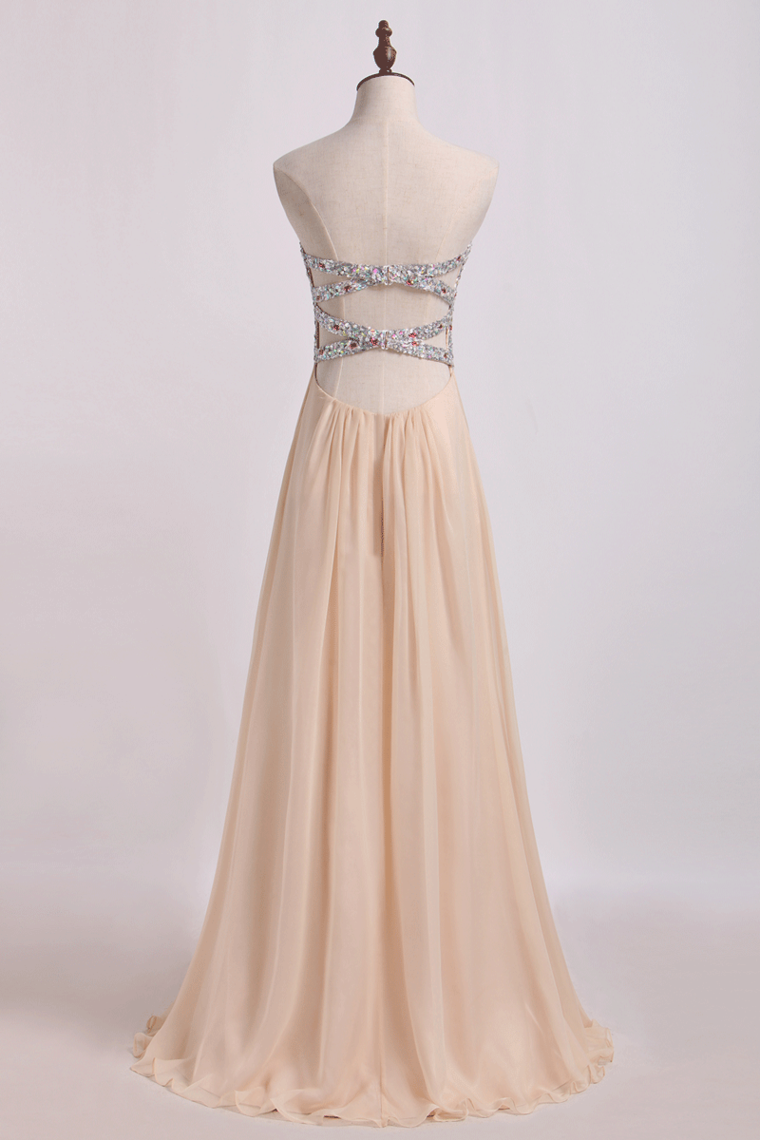 2022 Sweetheart A Line Prom Dresses Chiffon With Slit&Beads Floor Length