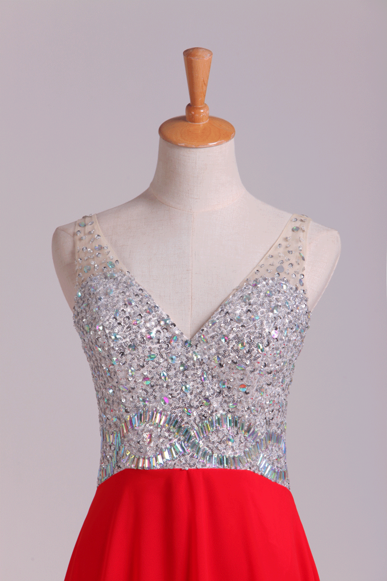 2022 Prom Dress V-Neck A-Line Beaded Tulle Bodice Sweep Train Chiffon