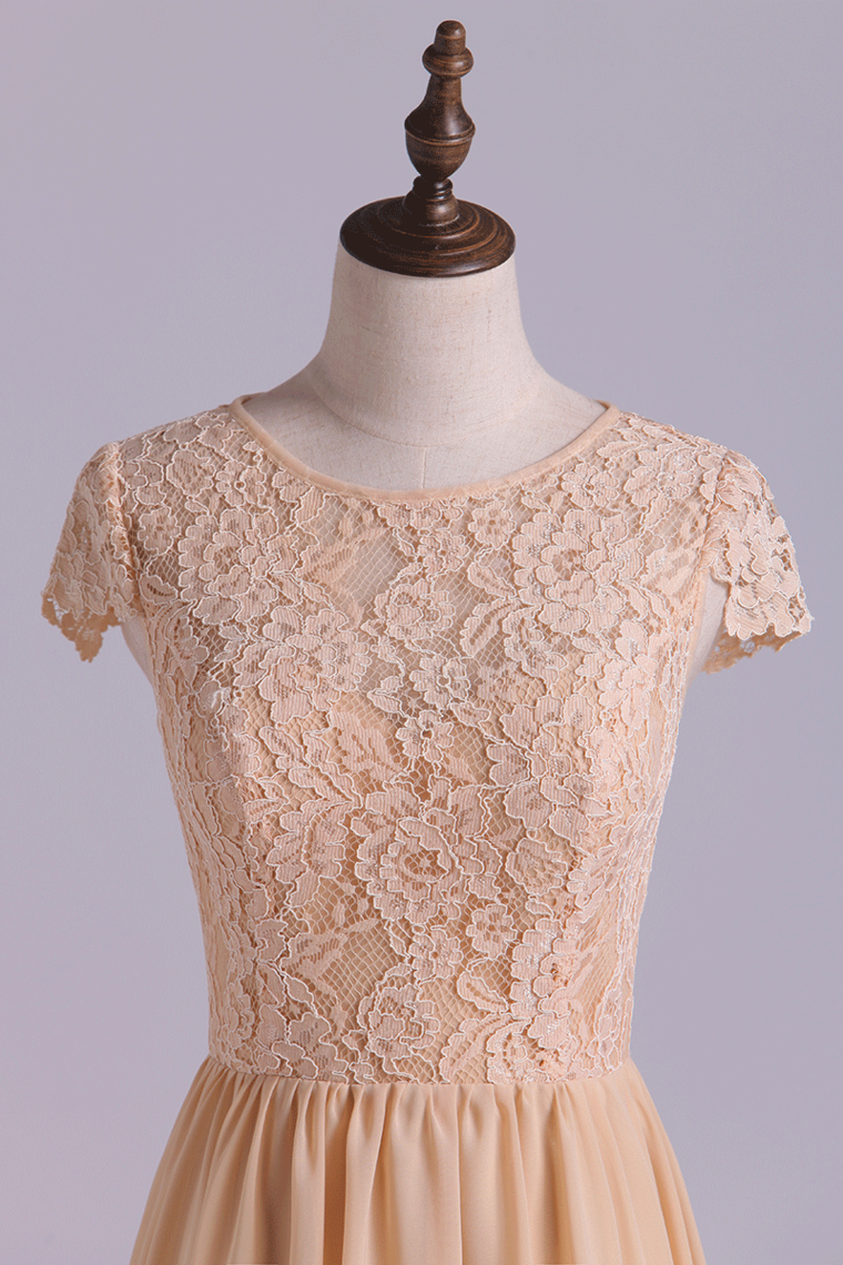 2022 Scoop Bridesmaid Dresses A Line Lace Bodice Chiffon Sweep Train