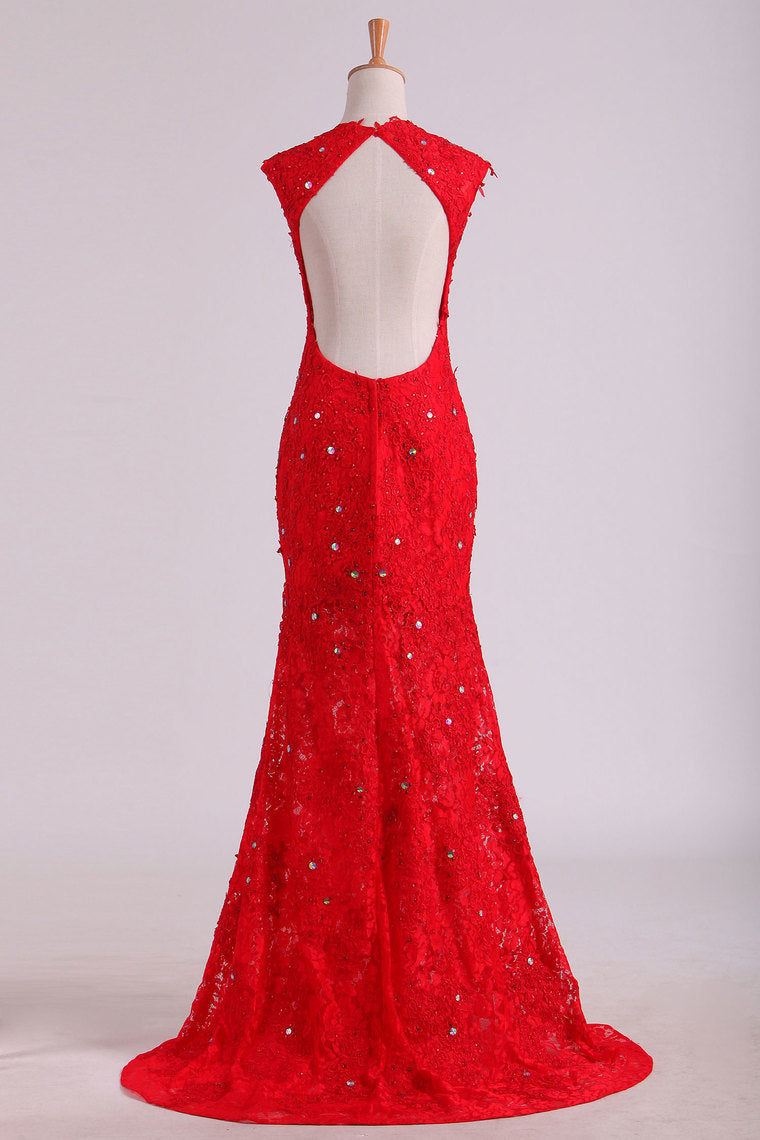 2022 Prom Dresses Mermaid With Beading  Scoop Sweep Train Lace