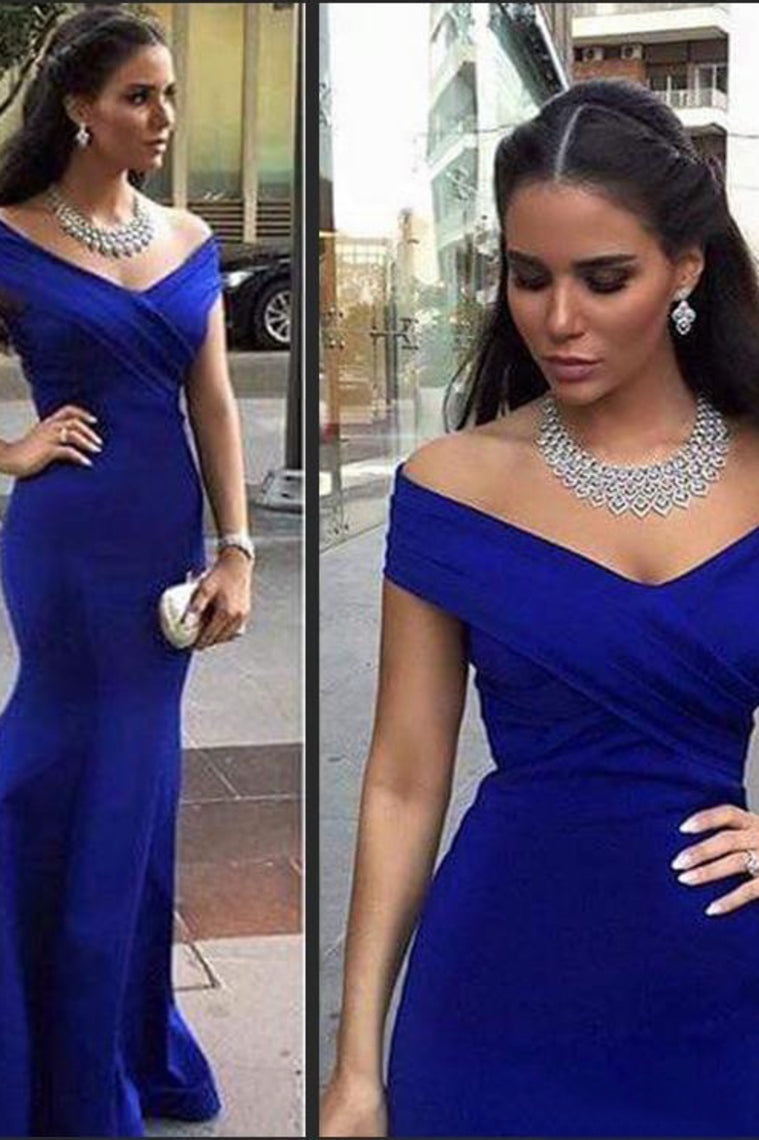 2022 Prom Dresses Off The Shoulder Satin Mermaid Dark Royal Blue Sweep Train