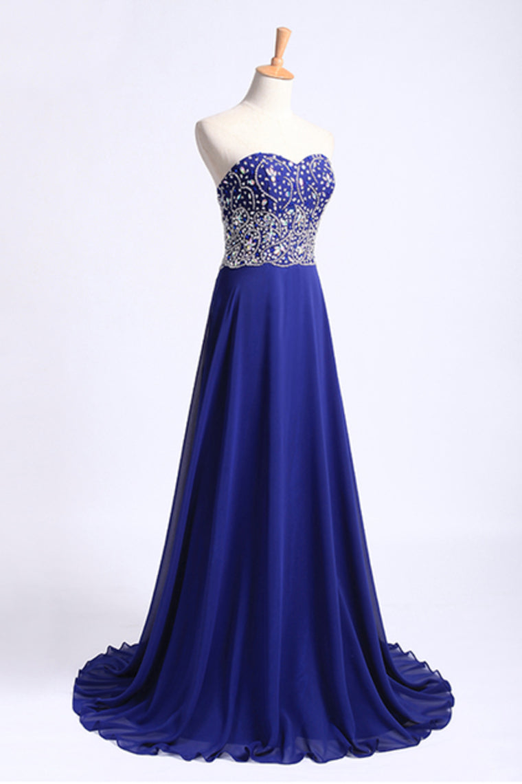 2022 Dark Royal Blue Prom Dress Sweetheart Beaded Bodice A Line Chiffon