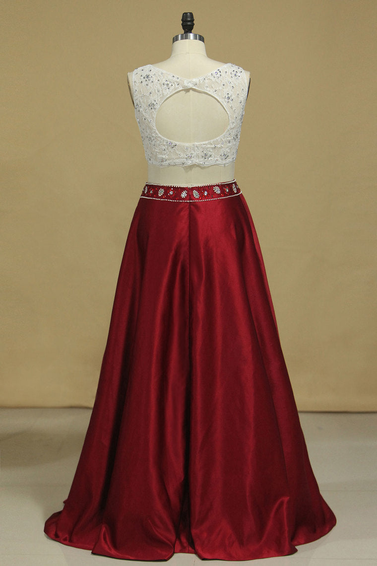 2022 Prom Dresses A-Line Scoop Floor-Length Satin & Lace Open Back