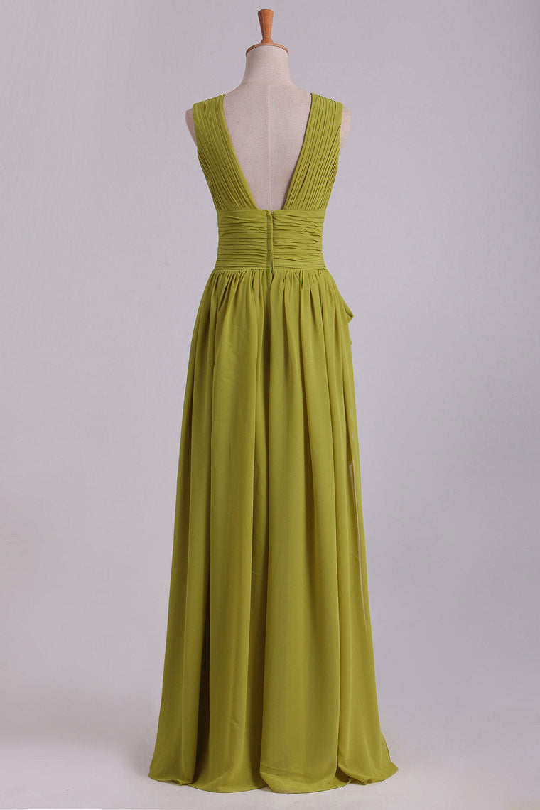 2022 V-Neck Prom Dresses A-Line Floor-Length Chiffon With Slit