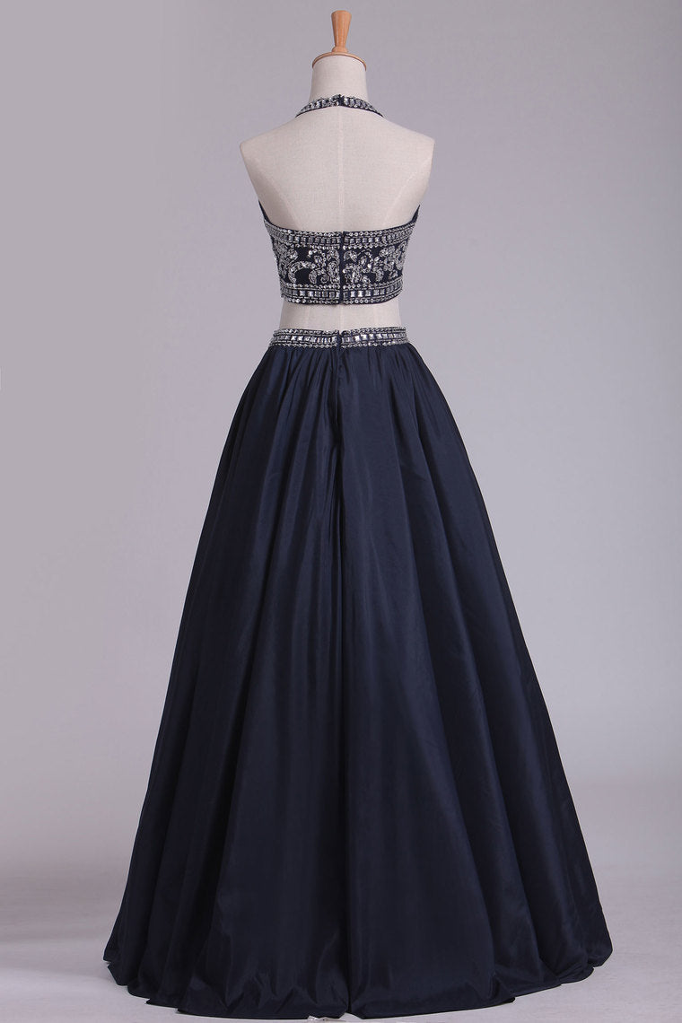 2022 Two-Piece Halter Beaded Bodice A Line Prom Dresses Taffeta Floor Length