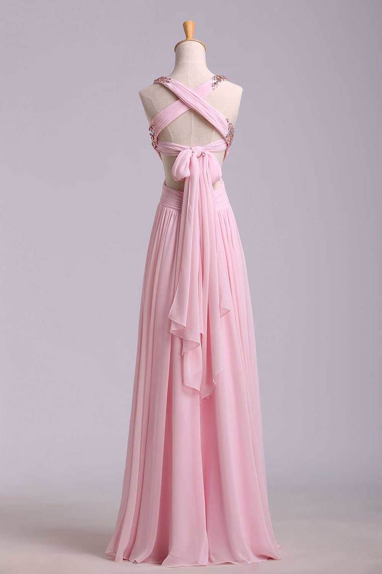 2022 Halter Beaded Bust Twist Straps Back Chiffon Floor Length Prom Dress