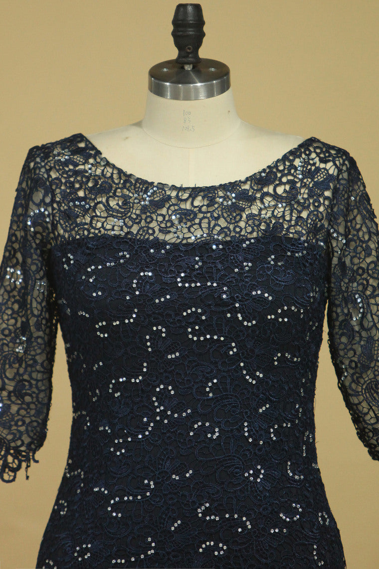 2022 Mother Of The Bride Dresses Scoop 3/4 Length Sleeve Dark Navy Spandex & Lace With Beads