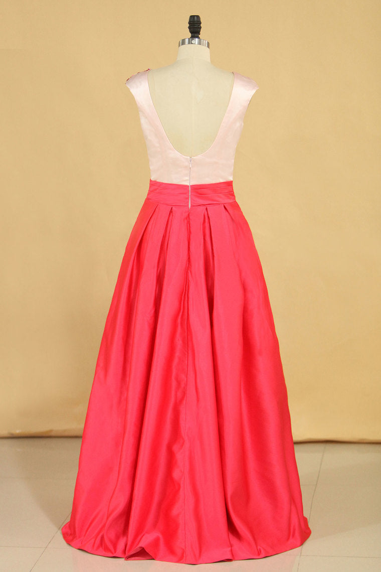 2022 Pretty Plus Size Open Back Scoop Satin With Beads Evening Dresses A Line Bicolor