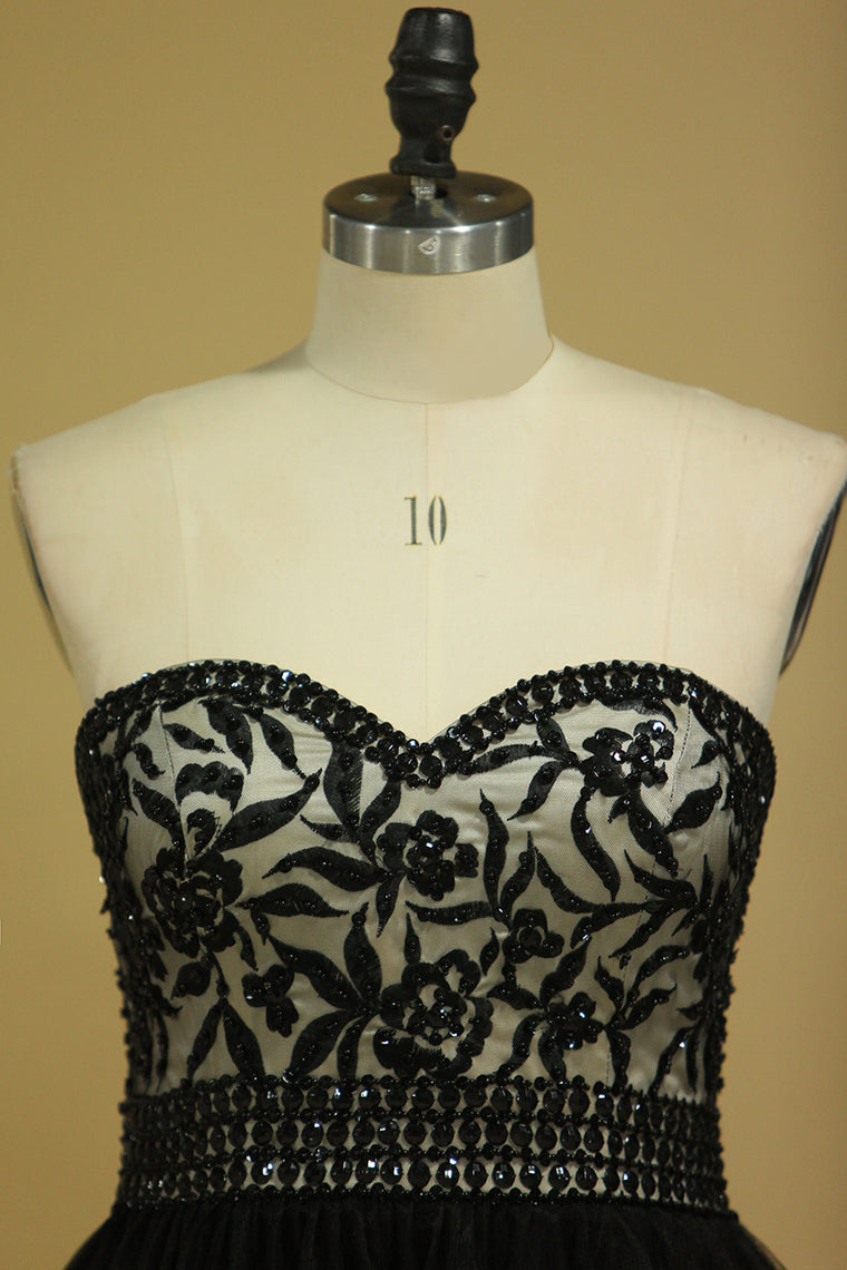 2022 Plus Size Black A Line Prom Dresses Sweetheart Tulle With Applique & Beads Floor Length
