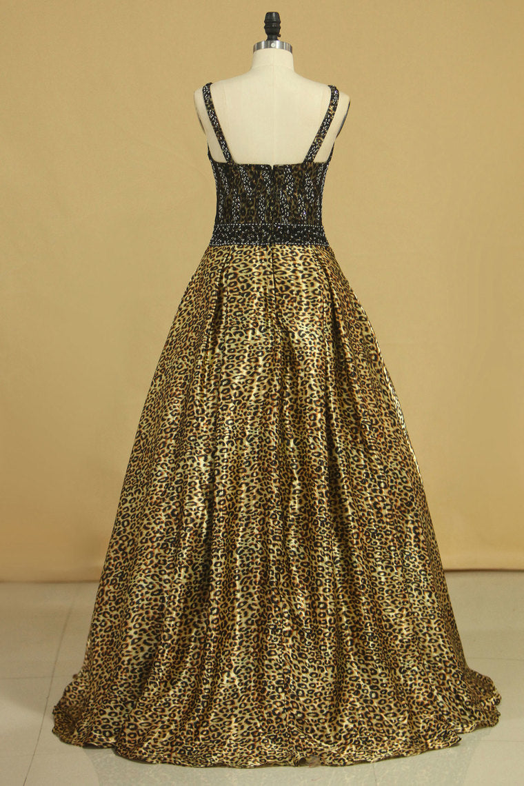 2022 Animal Print V Neck Beaded Bodice A Line Prom Dresses