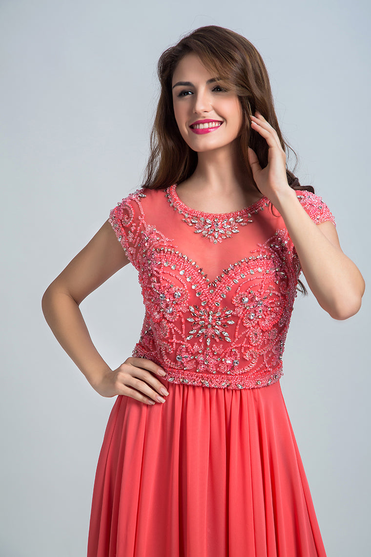 2022 Prom Dresses Scoop A Line Chiffon With Beading Cap Sleeves
