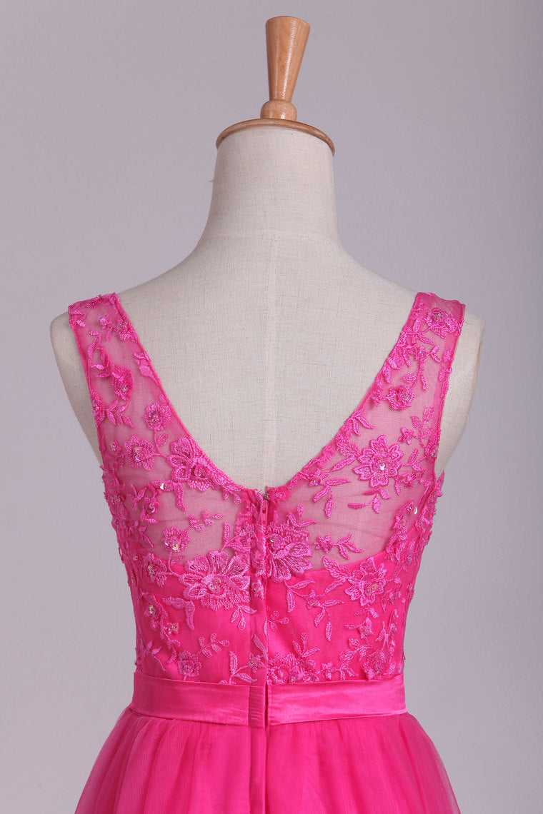 2022 Bridesmaid Dresses V Neck A Line With Embroidery And Sash Tulle
