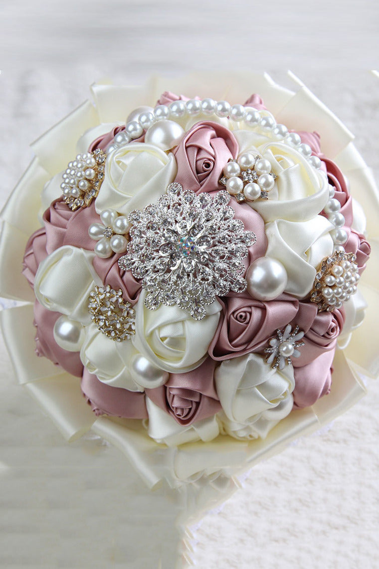 Elegant Ribbon Roses With Rhinestone Brooch Wedding Bouquet (27*18cm)