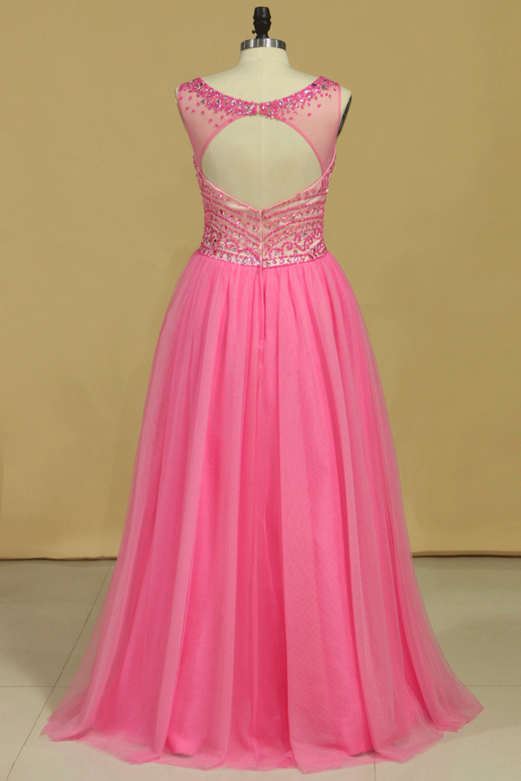 2022 Open Back Prom Dresses Scoop A Line Beaded Bodice Floor Length Tulle