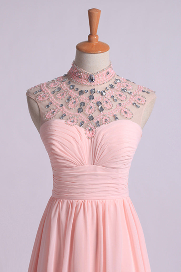 2022 High Neck Prom Dresses A-Line Chiffon With Beads And Ruffles