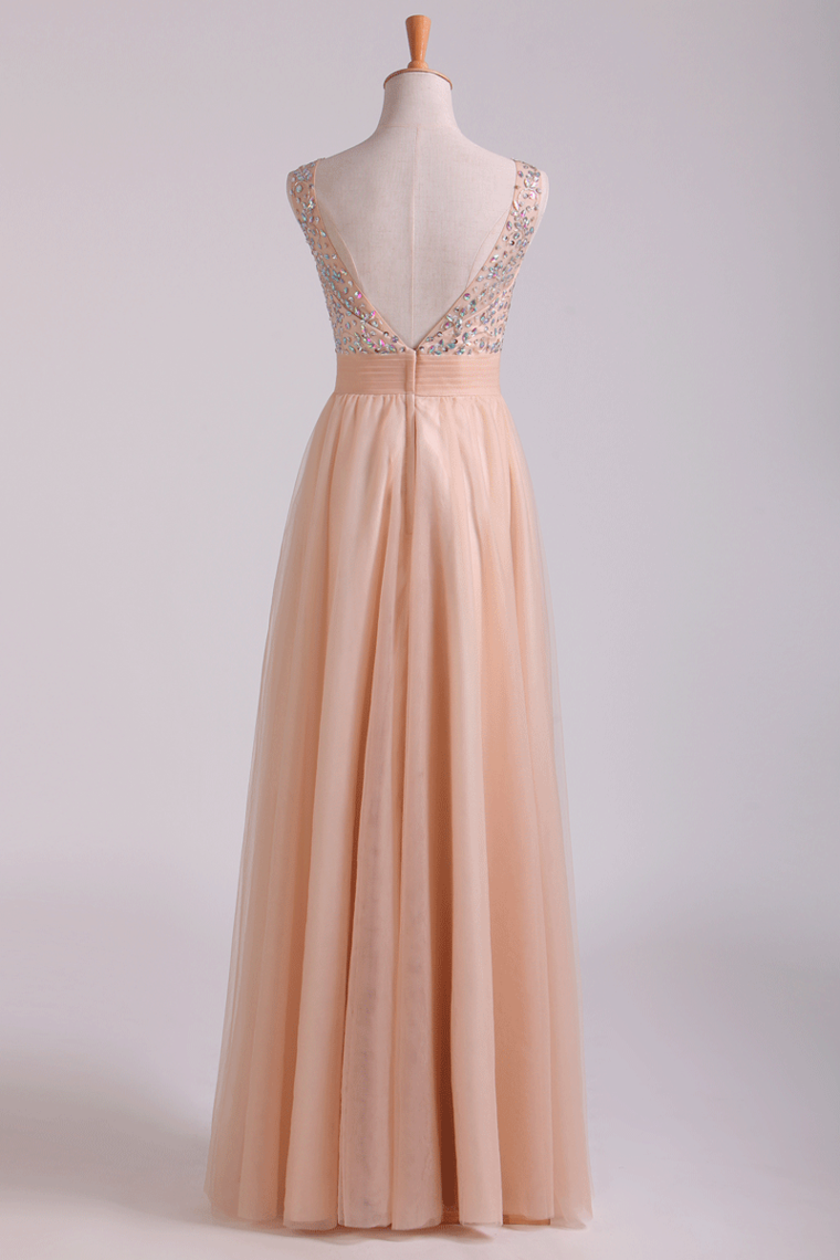 2022 Scoop Prom Dresses A Line Tulle With Beading Floor Length