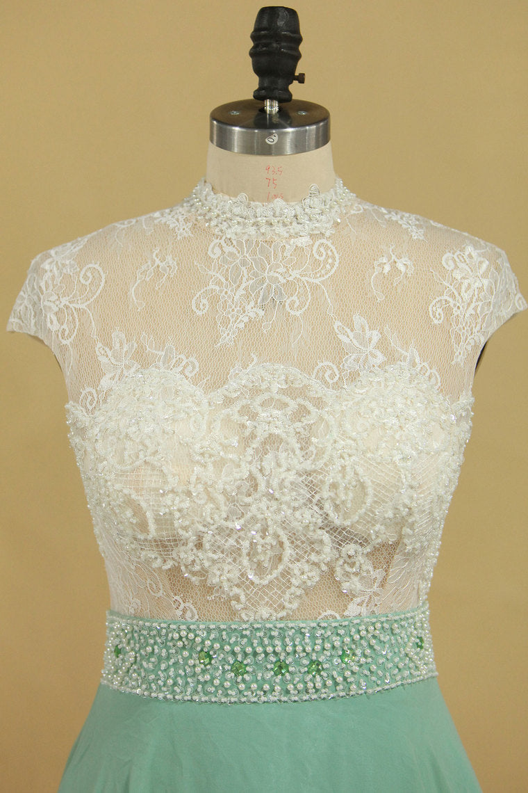 2022 High Neck A Line Chiffon With Applique Prom Dresses Floor Length