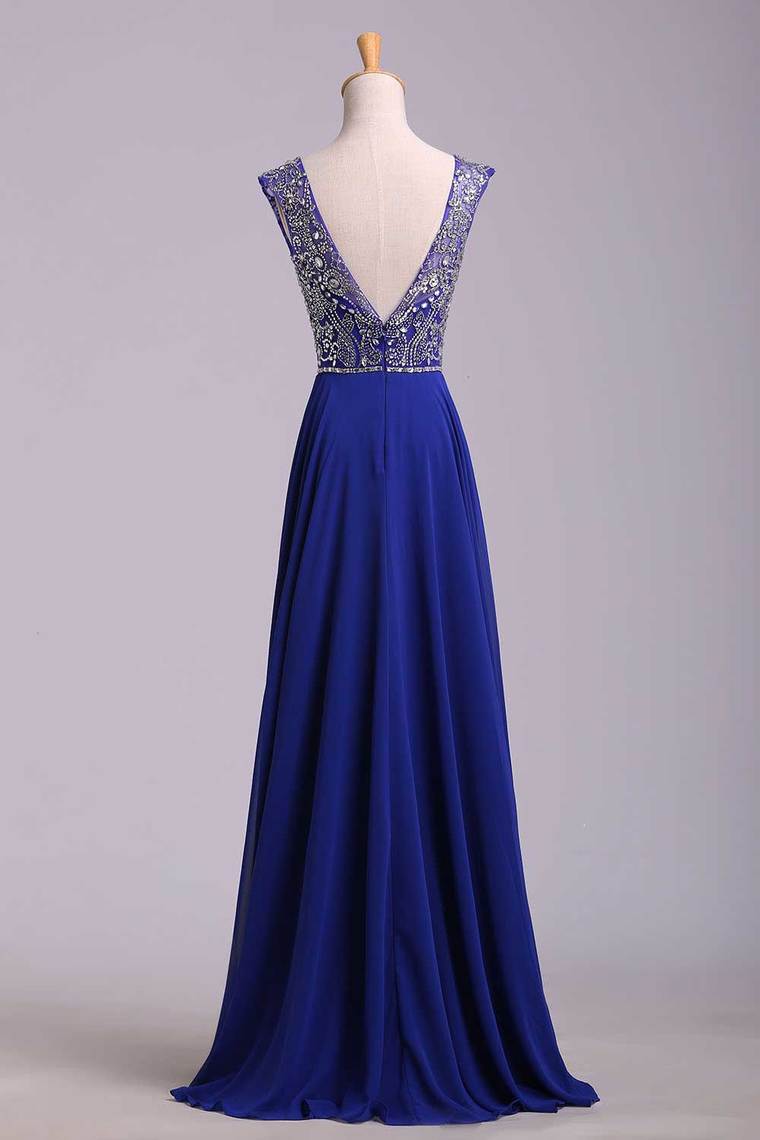 2022 Hot Selling Prom Dresses Dark Royal Blue A-Line Scoop Floor-Length Chiffon