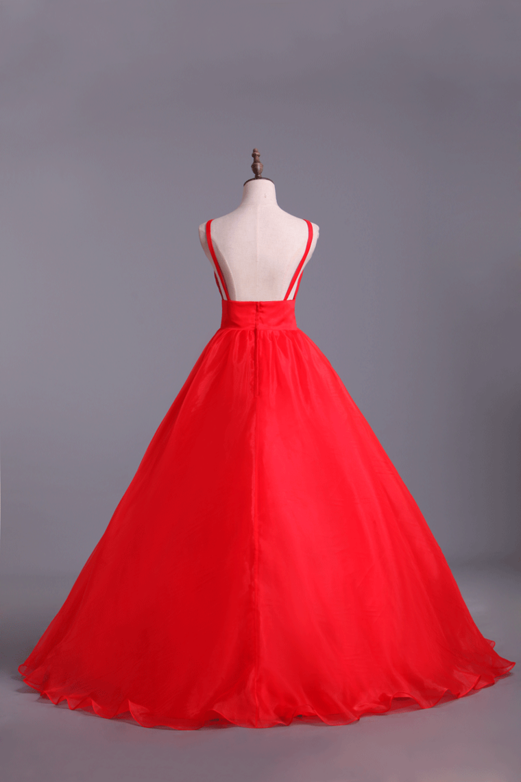 2022 Deep V Neckline Prom Dress Organza Floor Length Backless Sexy Red
