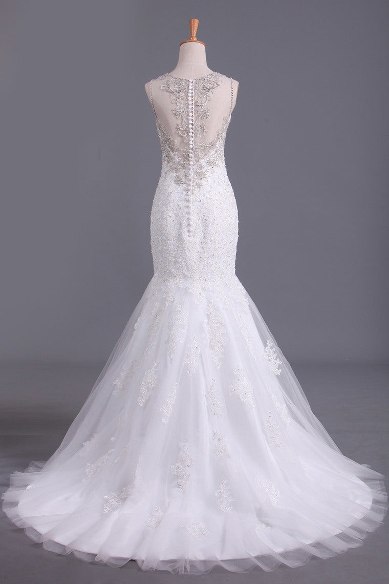 2022 Scoop Wedding Dresses Mermaid/Trumpet Sweep Train Tulle With Applique And Beads