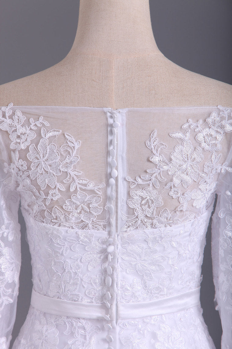 2022 Shiny Wedding Dresses Bateau Half Length Sleeve A Line With Applique