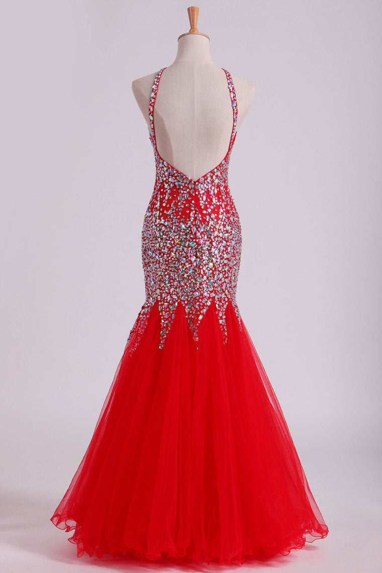 2022 Red Spaghetti Straps Dark Royal Blue Prom Dresses Mermaid Tulle Beaded Bodice Floor Length