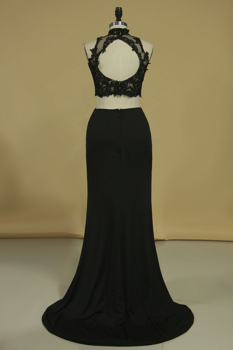 2022 High Neck Two-Piece Spandex  Sheath With Beads And Applique Open Back Prom Dresses