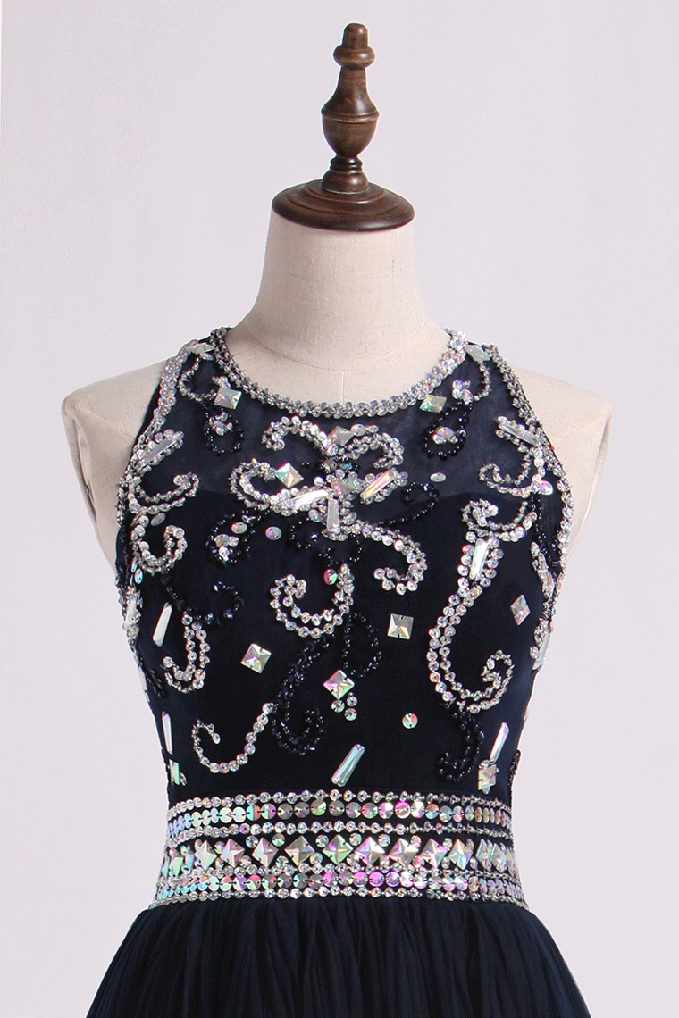 2022 Halter Prom Dress Beaded Bodice A Line Tulle Short/Mini