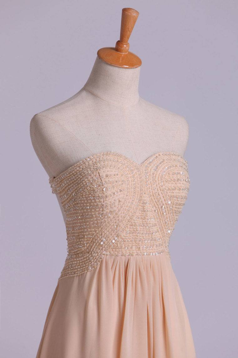 2022 Sweetheart A Line Beaded Bodice Backless Prom Dresses Chiffon